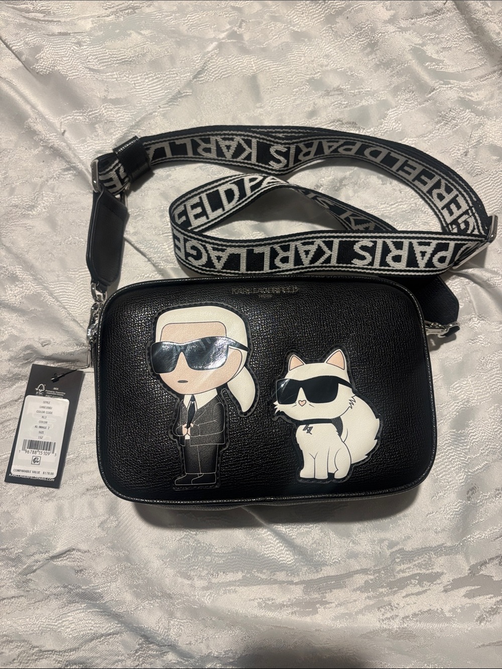 Karl Lagerfeld Black Crossbody Camera Bag with Graphic Karl & Dog